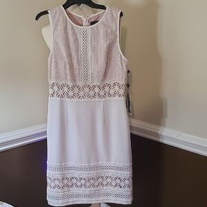 Adrianna Papell Pink and White Lace Midi Dress